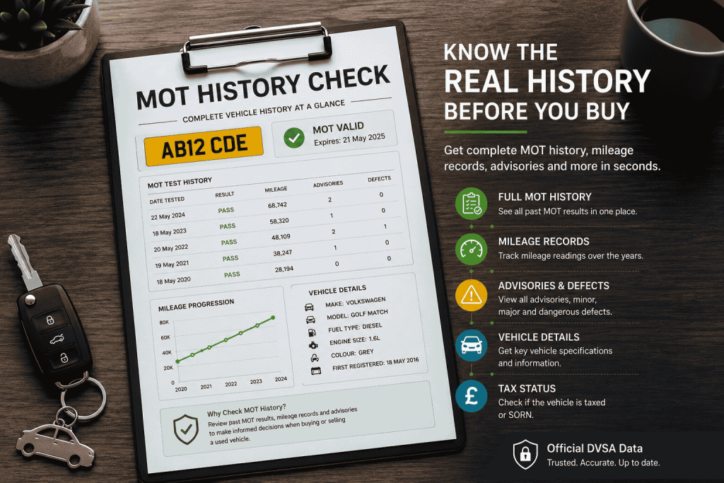 Free MOT history check displaying MOT test history, mileage records, advisories and vehicle details