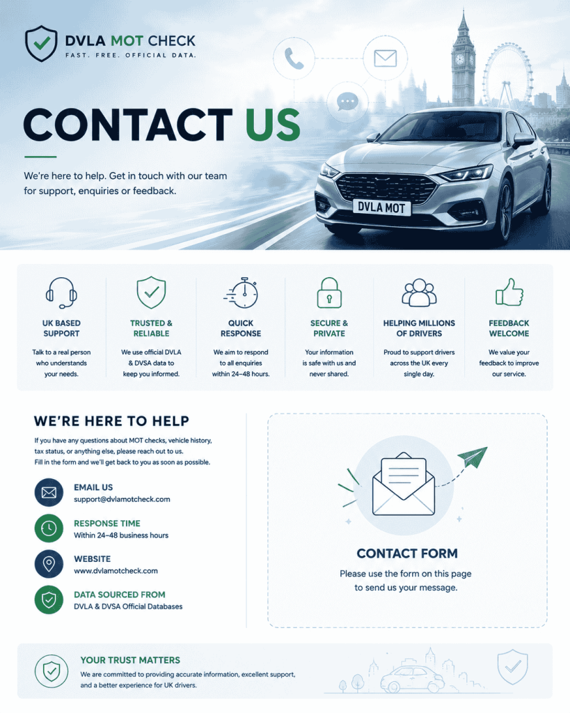 Contact DVLA MOT Check for MOT history, vehicle enquiry and customer support assistance in the UK