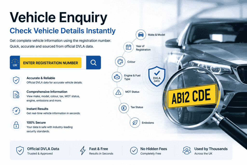 DVLA vehicle enquiry showing vehicle details, MOT status, tax status and registration information from a UK number plate